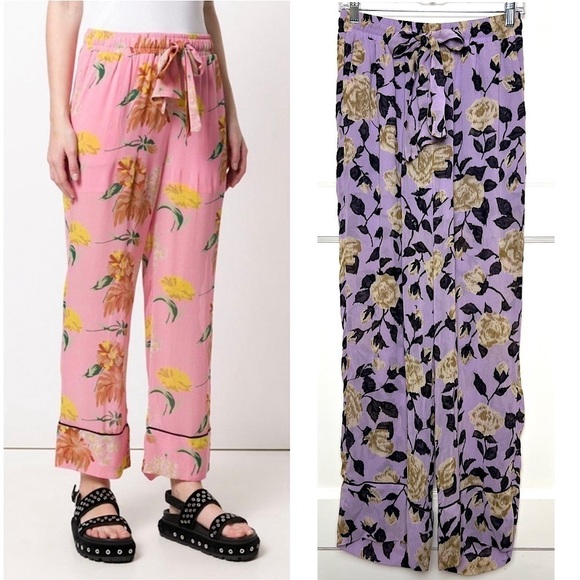 GANNI Floral Georgette High Rise Drawstring Waist Ankle Crop Wide Leg Pants 2 - Picture 1 of 7
